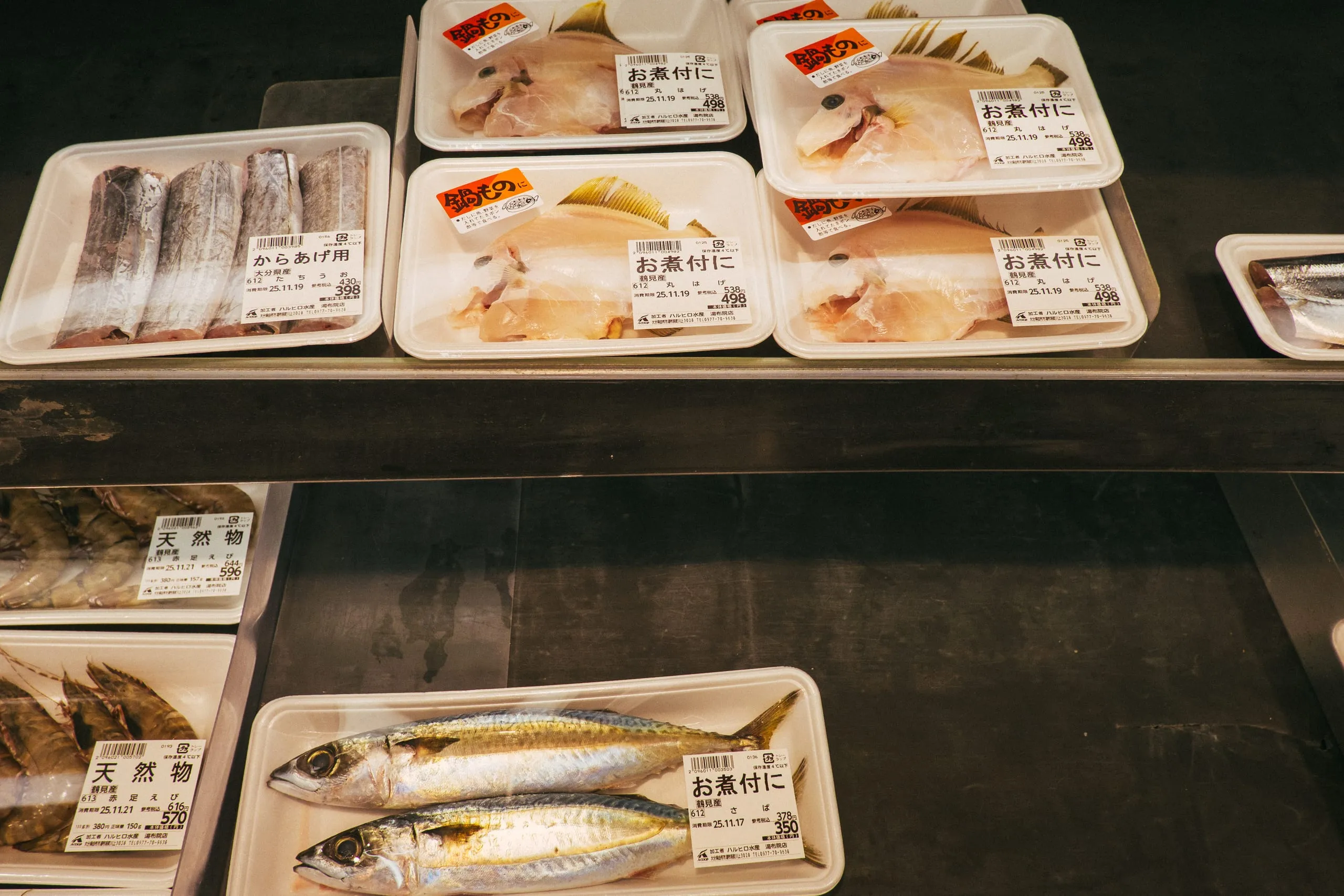 A variety of packaged fresh fish in a supermarket chiller