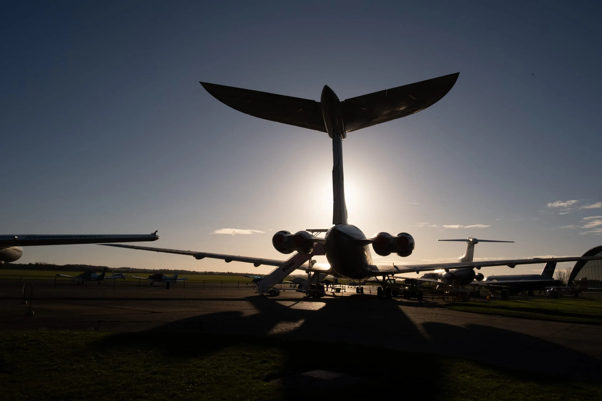 Preserved airliners on the apron at sunset