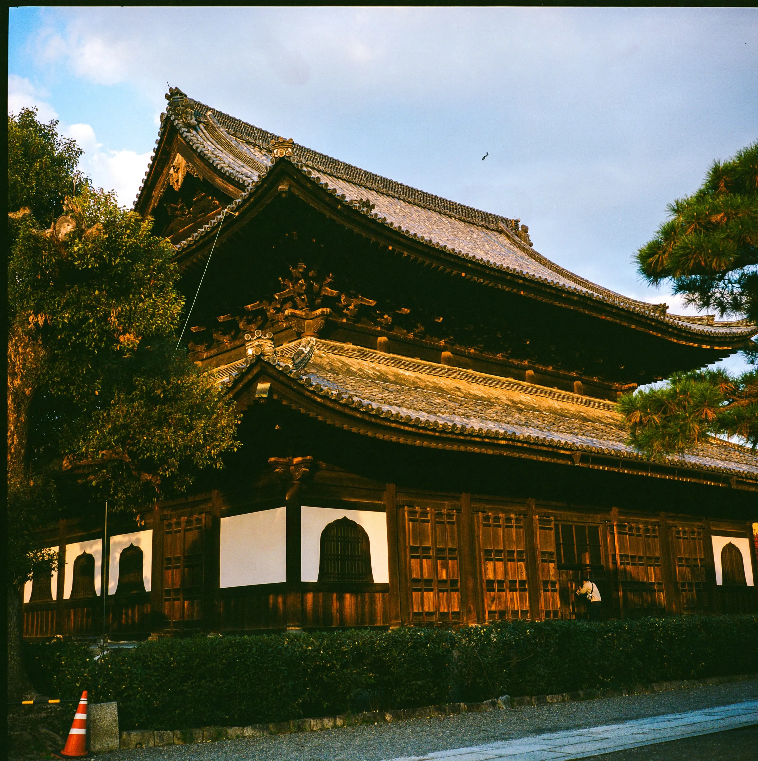 The tiered wooden roof of a temple hall at dusk