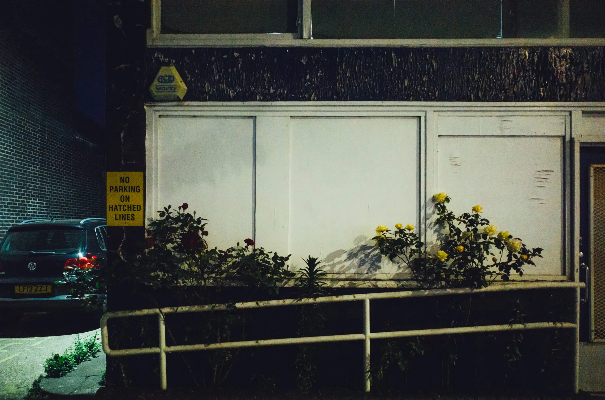 Flowers growing against a boarded-up social club beside a no parking sign at night