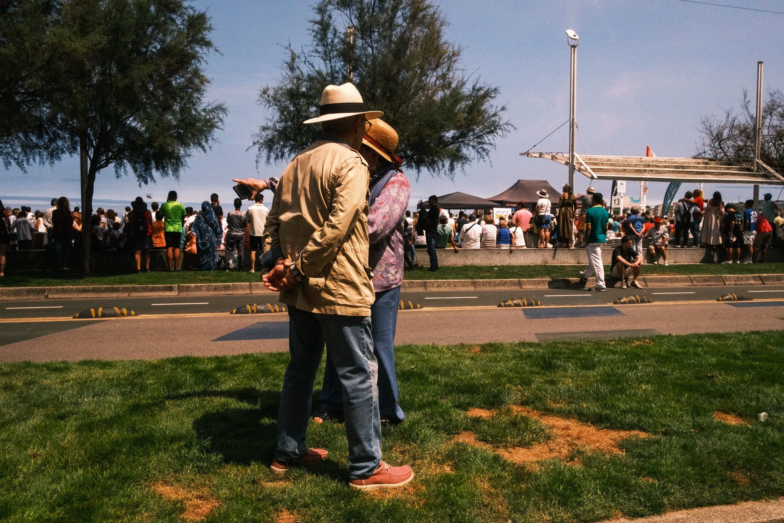 A couple stands on the grass watching a crowd across the road