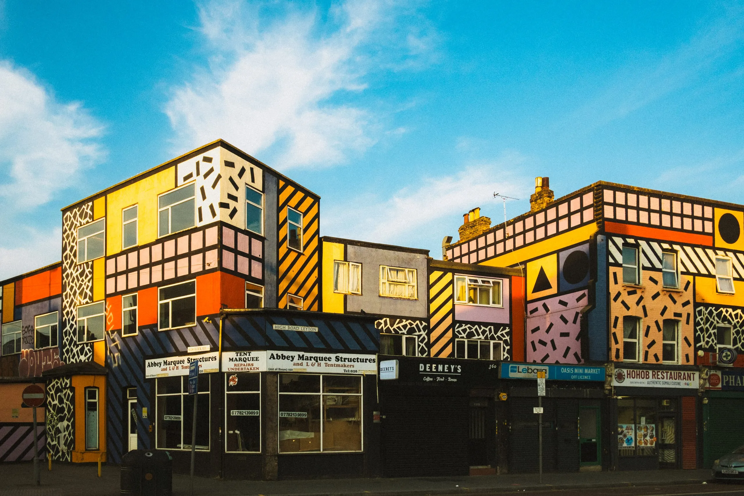 Painted shopfronts and buildings, High Road Leyton