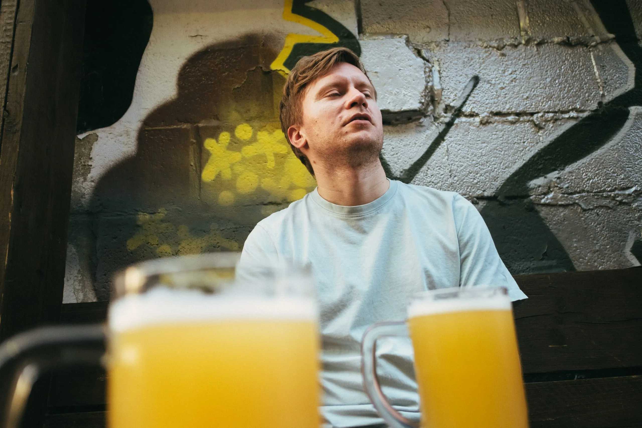Aleks enjoys a pint, Leyton