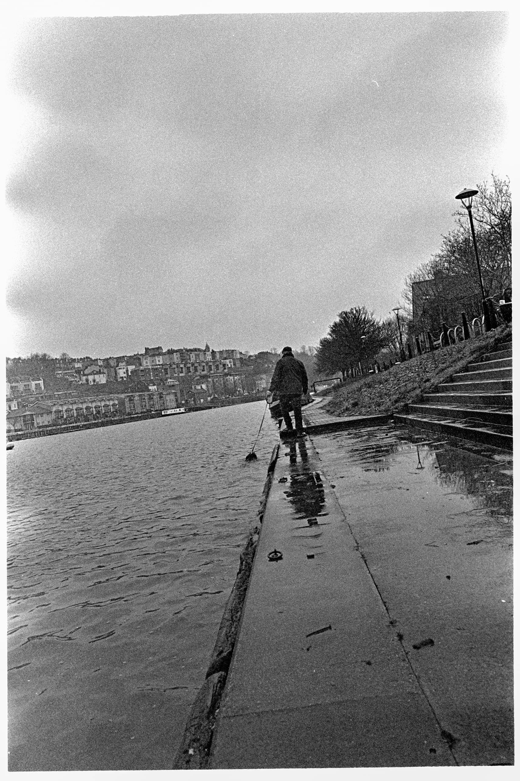 A man swims his dog on Bristol Marina