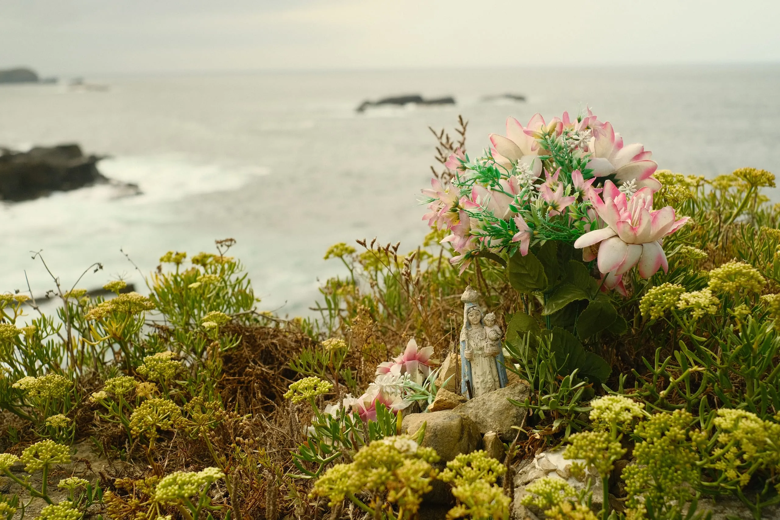 Plastic flowers and a small figurine left on a clifftop above the sea, Verdicio