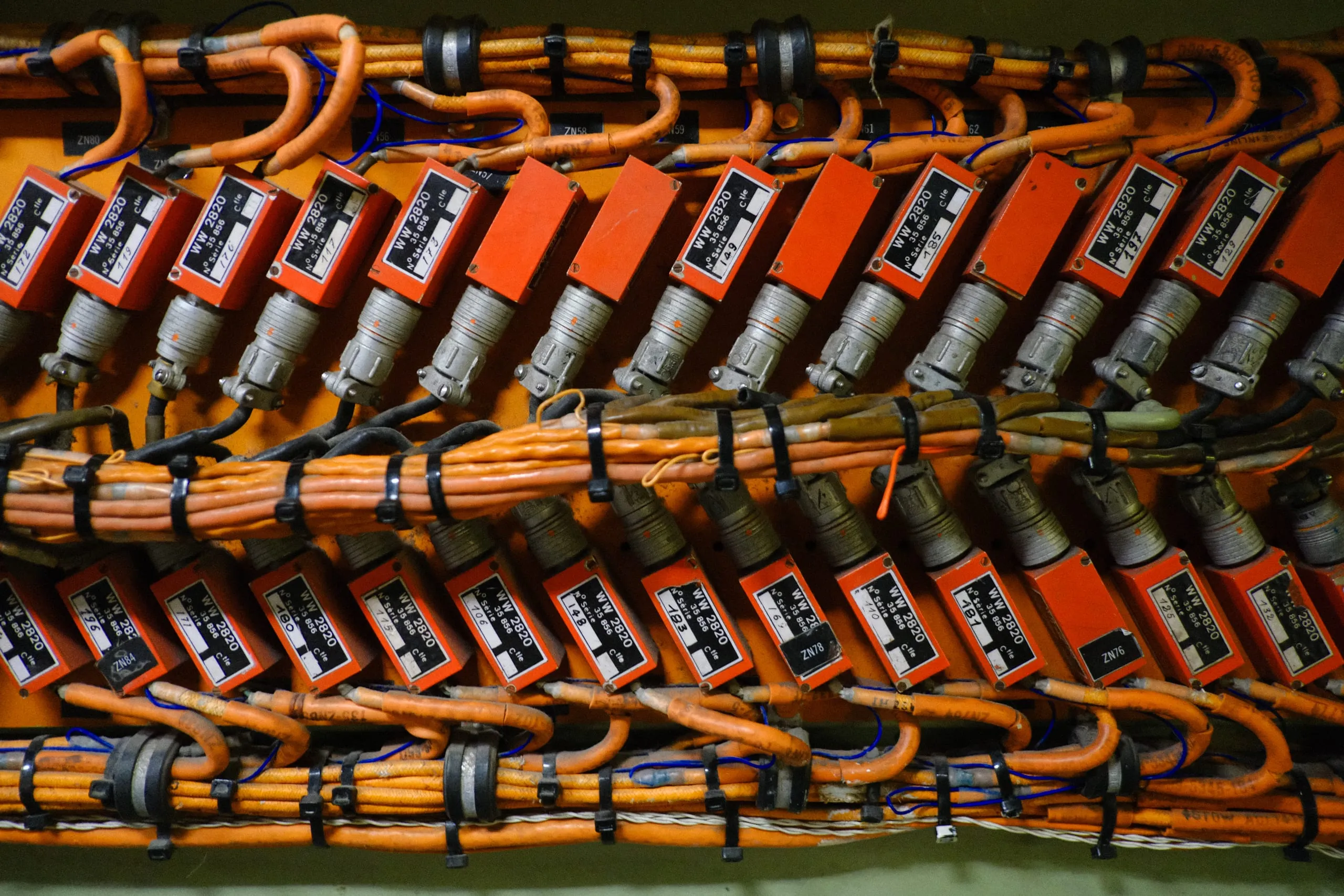Detail of rows of cabled electrical relays and connectors on the Concorde test equipment