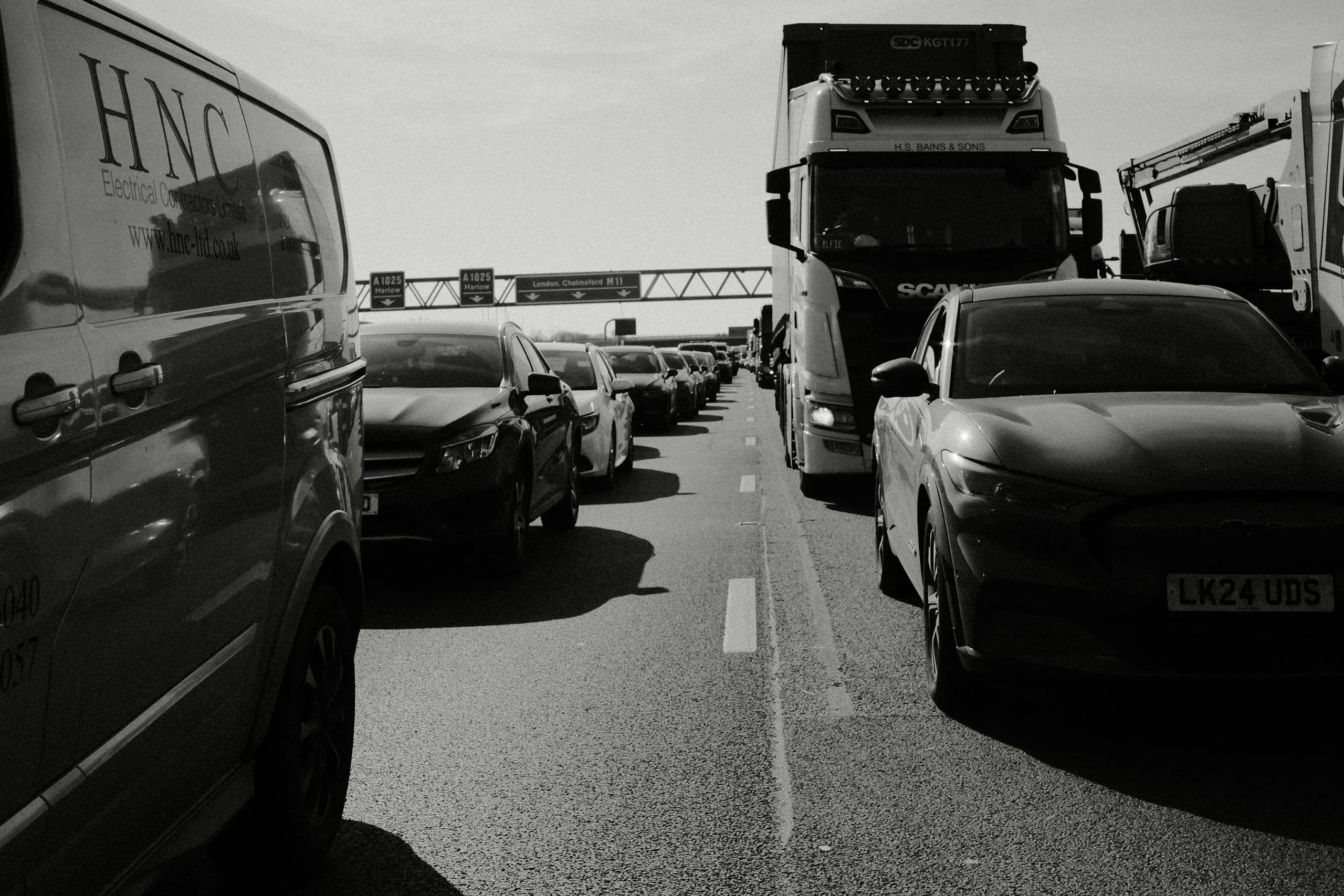 Cars stopped after an accident blocks the M11 northbound, Essex