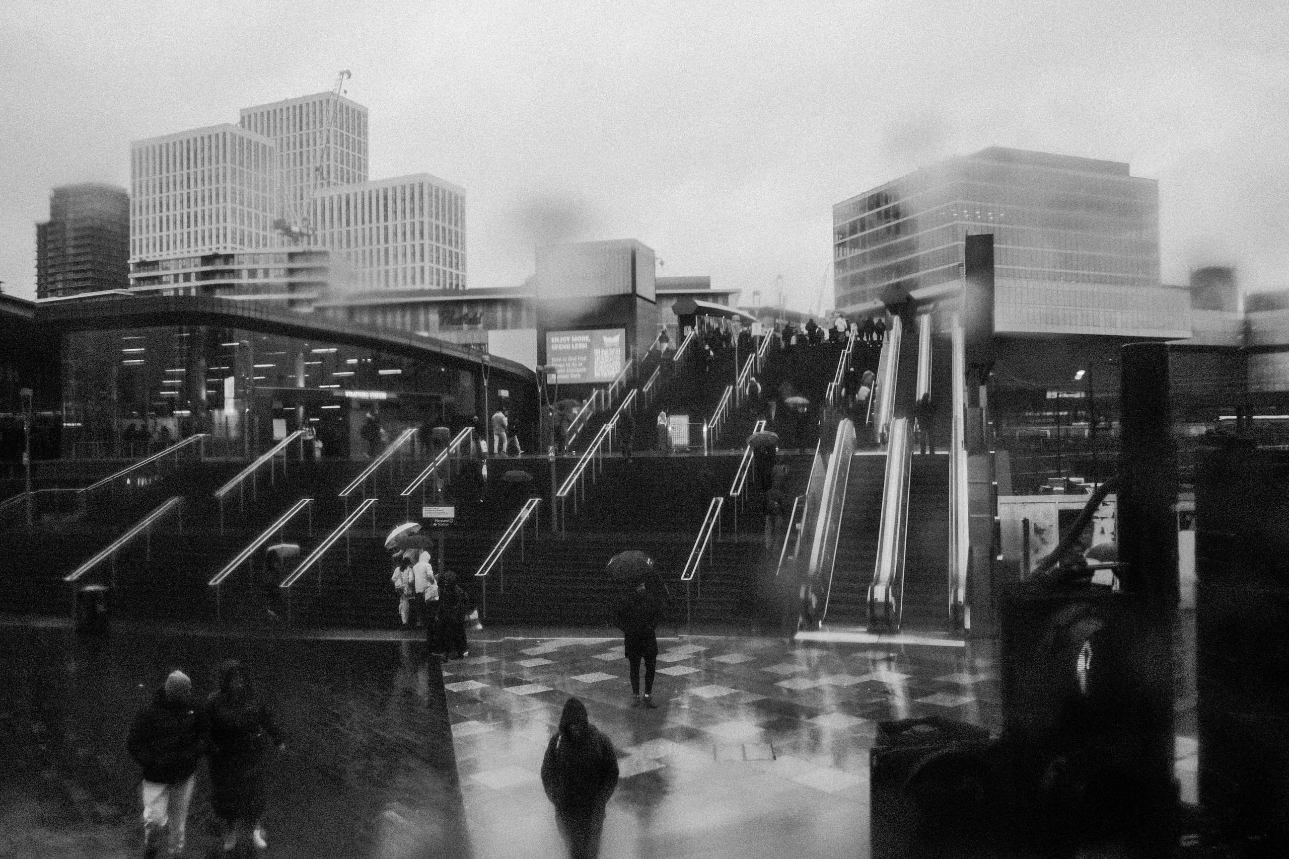 Stairs at Stratford station in the rain, Stratford