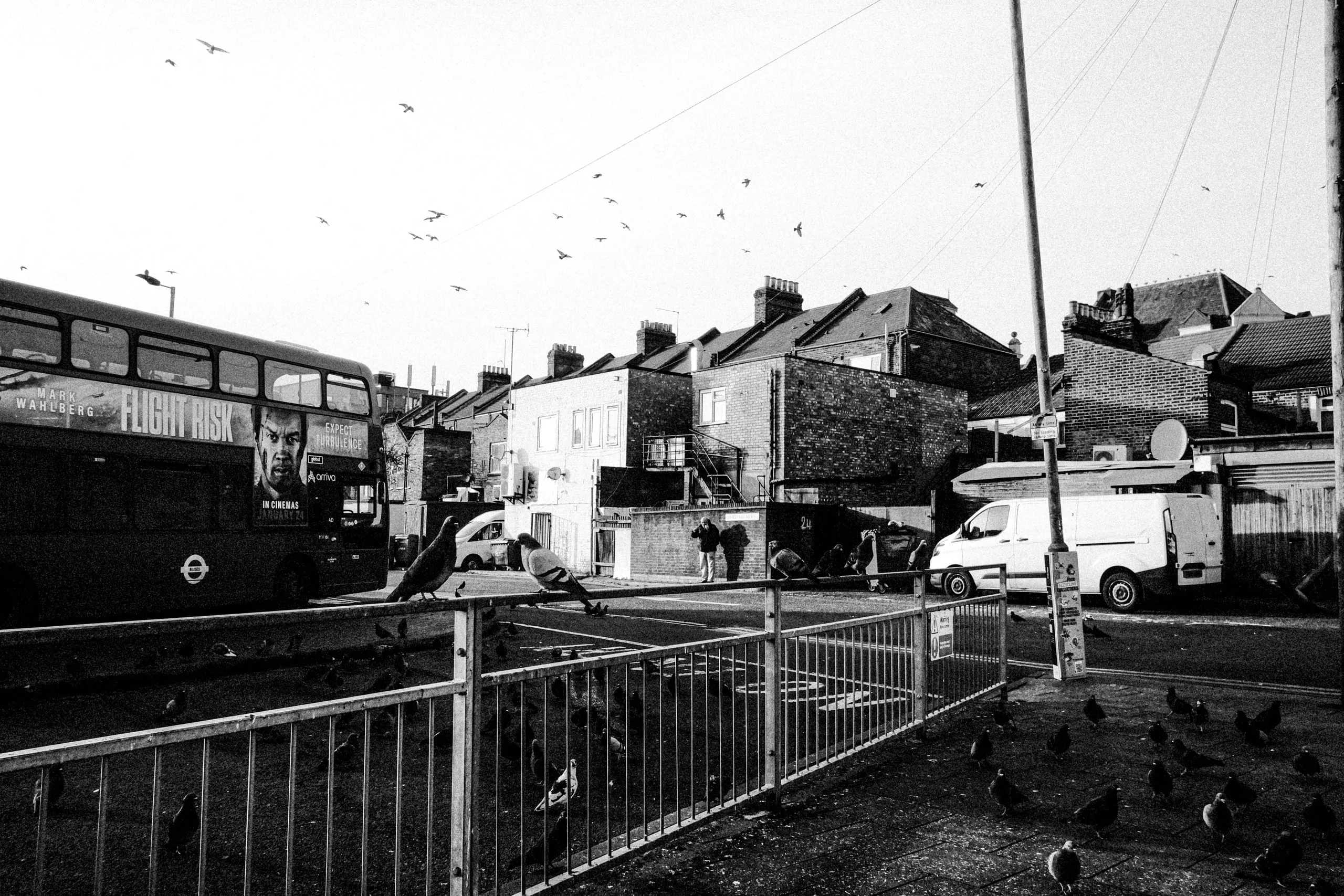 A red double-decker bus parked as birds scatter over a railing