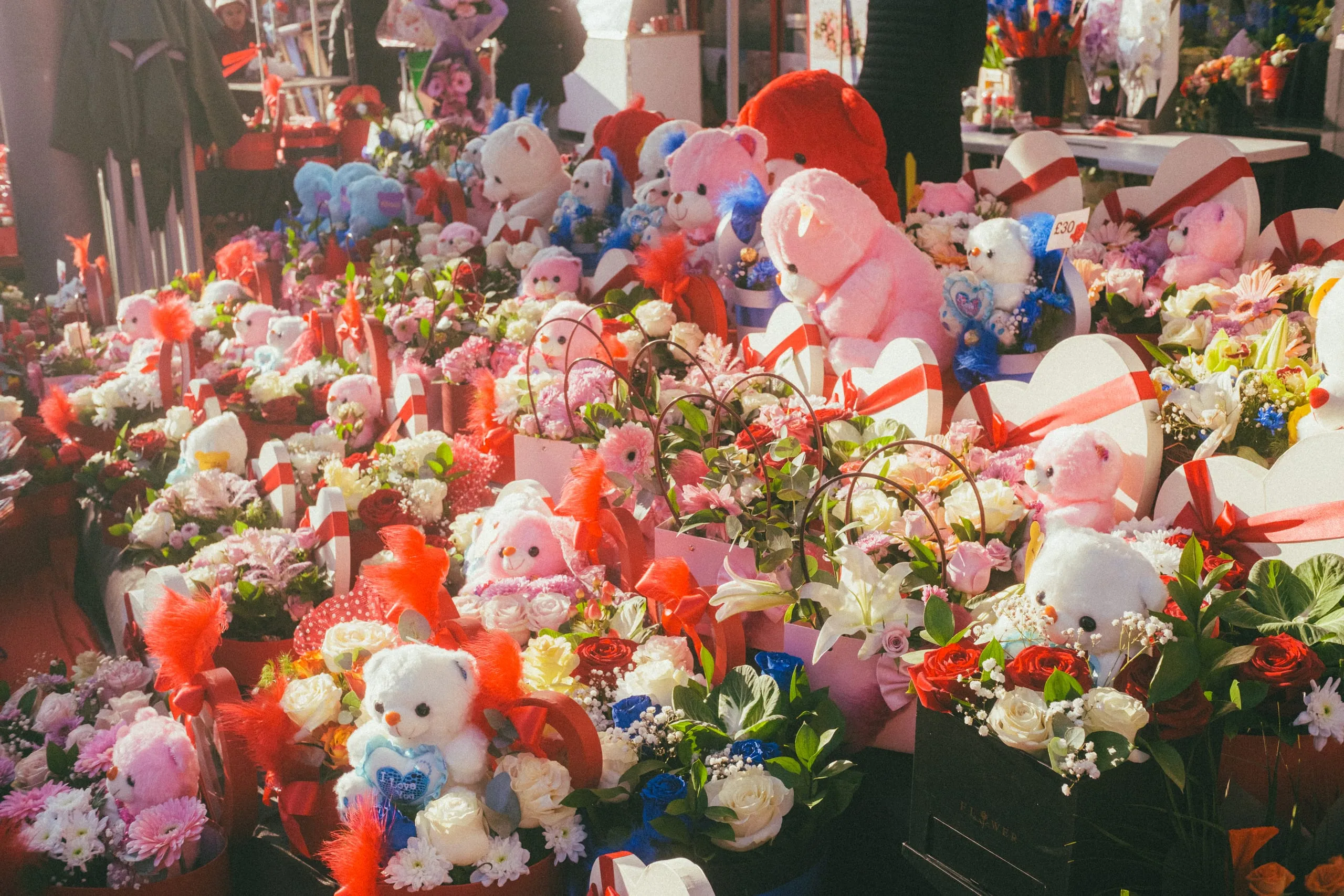 Valentine's day teddy bears and flowers for sale, Walthamstow Market